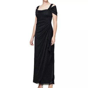 Alex Evenings Cold-Shoulder Draped Metallic Gown